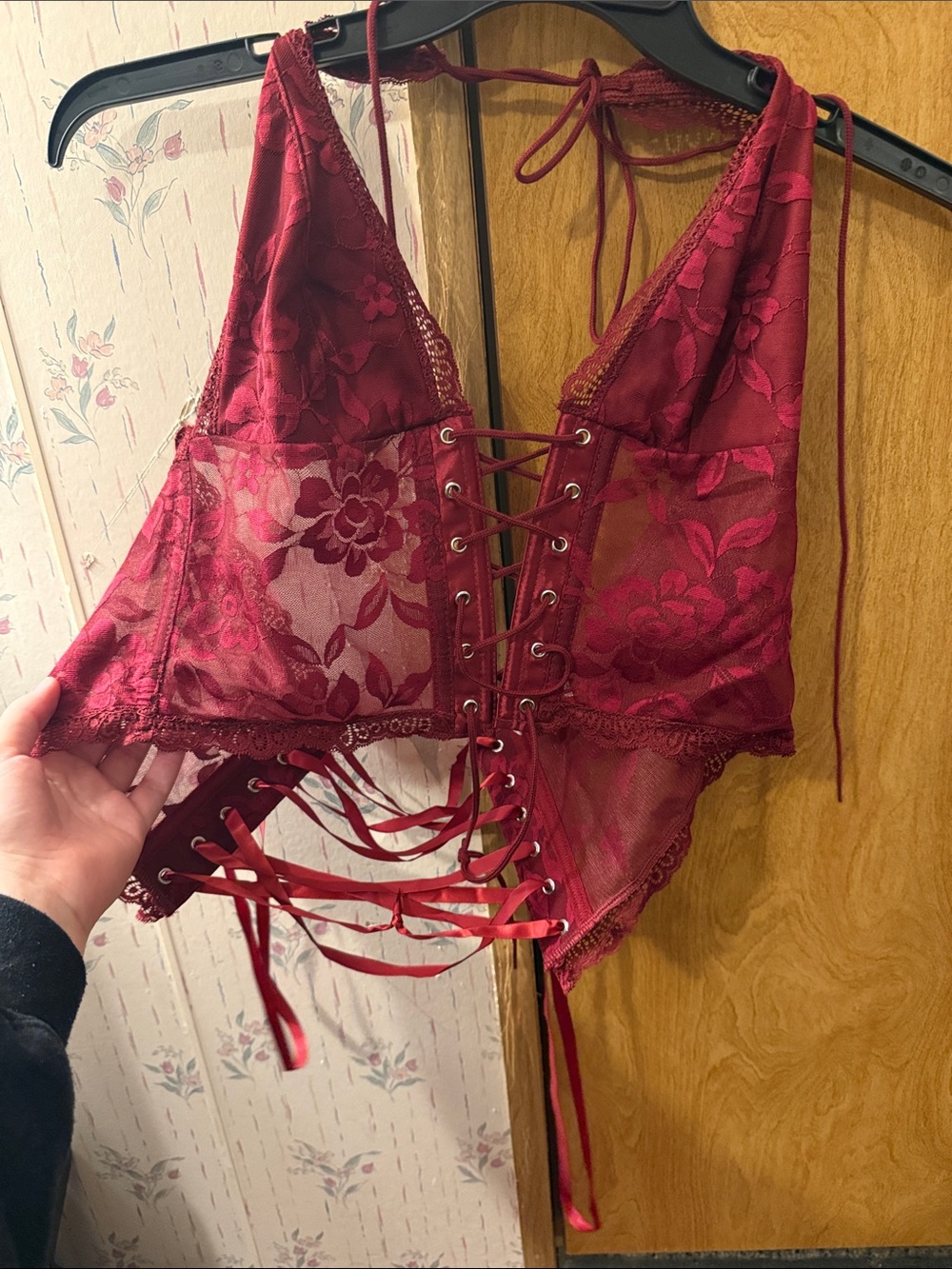 SHEIN Burgundy Lace Corset Teddy Bodysuit with Lace-Up Front